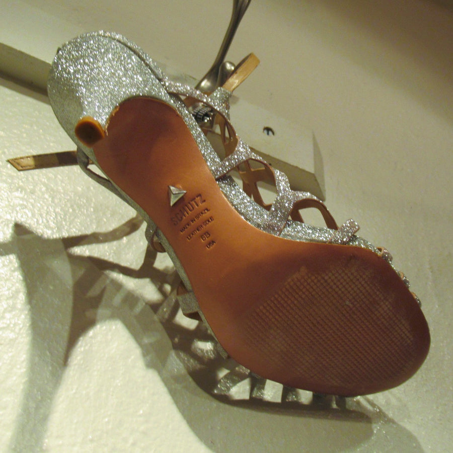 Schutz Silver Leather High Sparkly Sandals