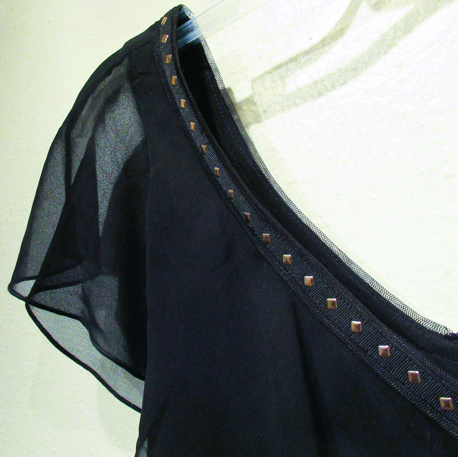 White House Black Market Black Polyester Studded S L V neck Blouse