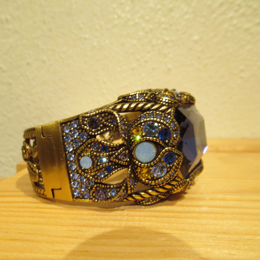 Brass toned Emerald Faceted Blue Heidi Daus Cuff bracelet
