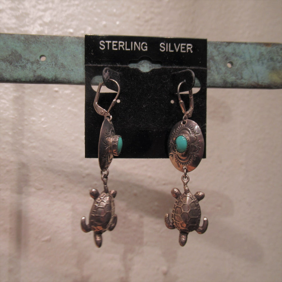 Sterling silver 925 Turtle Oval Turquoise Long Concho Post dangle earrings