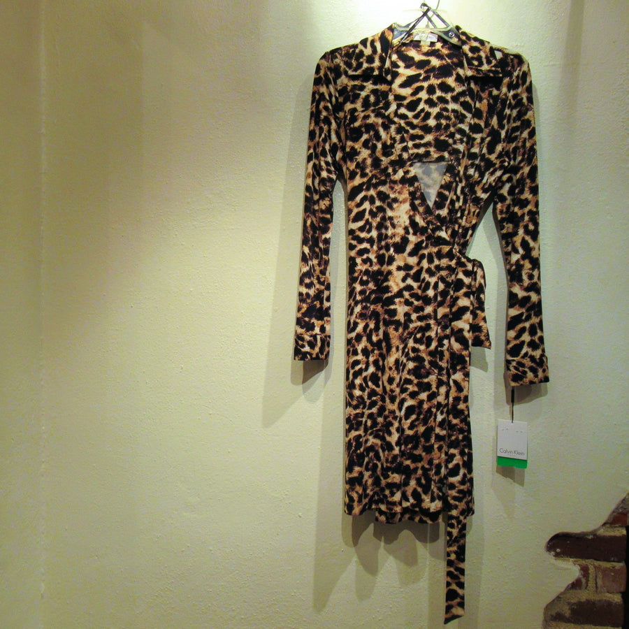 Calvin Klein Brown Poly blend Knit Animal Print L S Dress