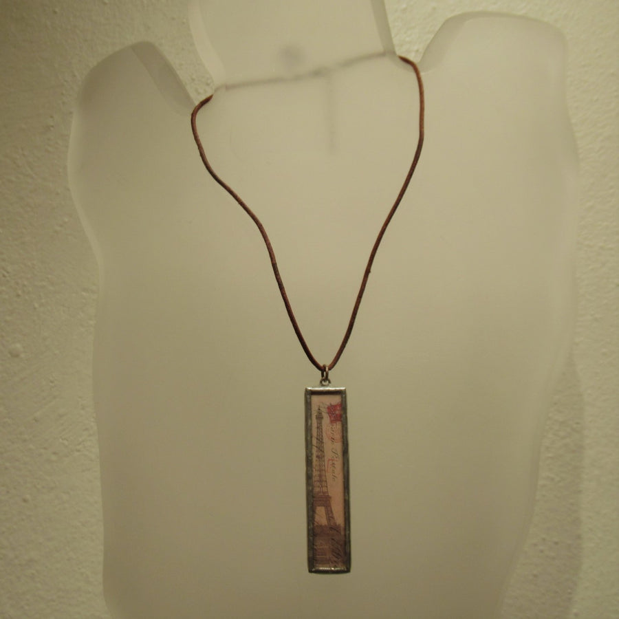 Pewter toned Rectangular Print Glass Cord necklace