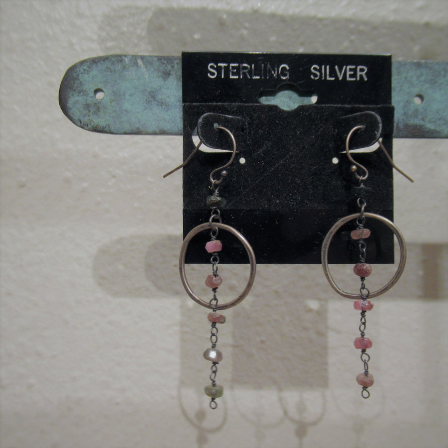 Sterling silver 925 Circle Faceted Pink Wire dangle earrings