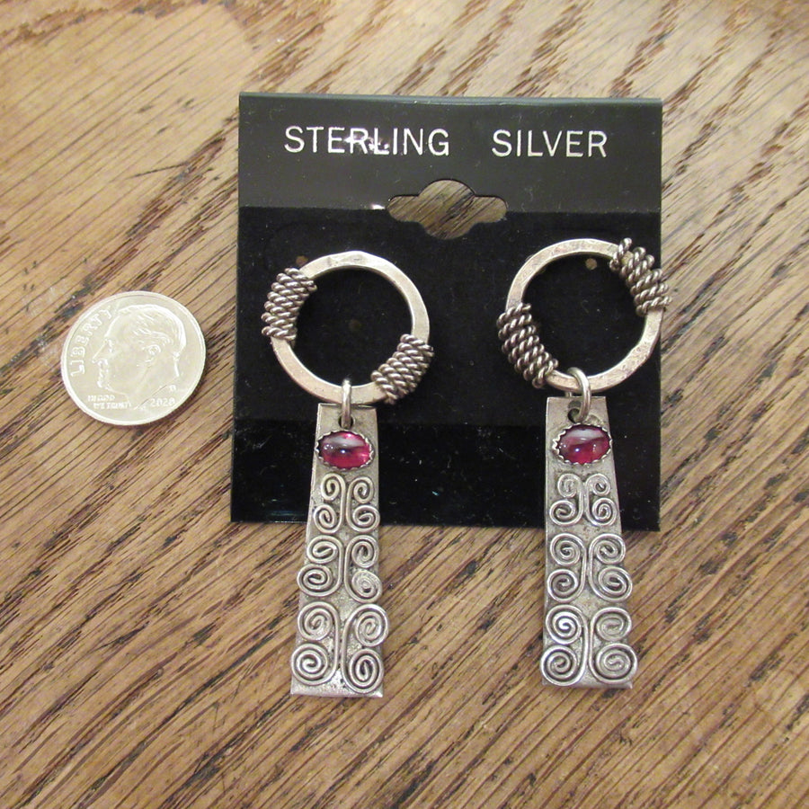 Sterling silver Rectangular Oval Garnet Stamped Post dangle earrings