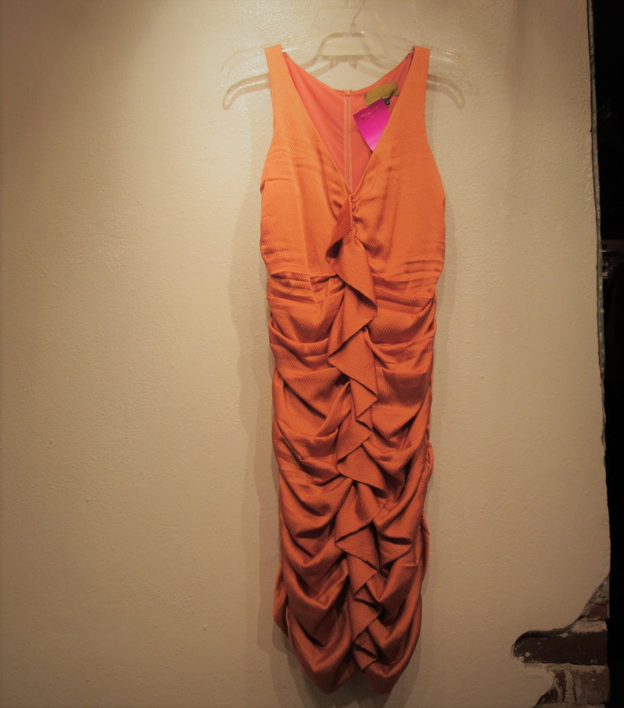 Nicole Miller Orange Silk S L Ruched Textured Dress