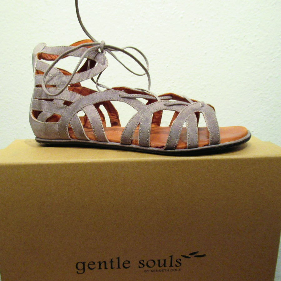 Gentle Souls Gray Leather Gladiator Lace up Sandals