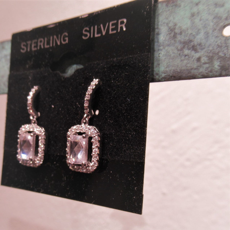 Sterling silver Rectangle Sparkly Lt gray Post dangle earrings