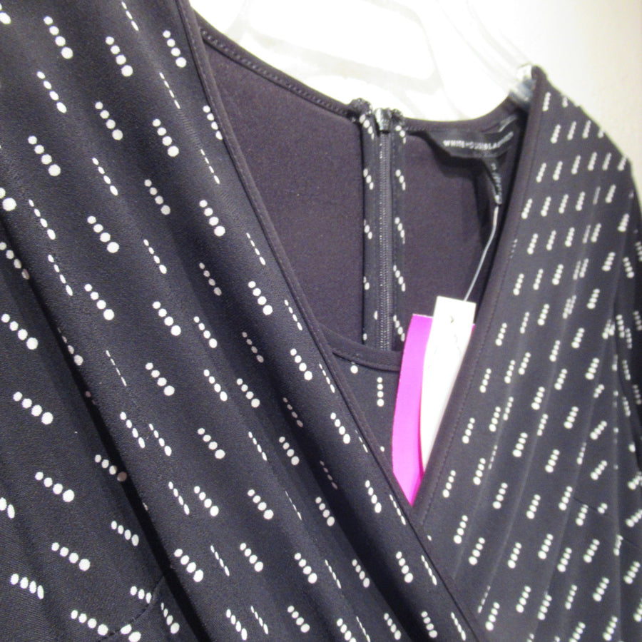 White House Black Market Black Poly blend Knit Print L S V neck Dress