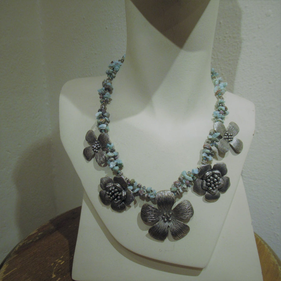 Silver toned Flower Aqua Joliene Marquis Nugget Beaded necklace