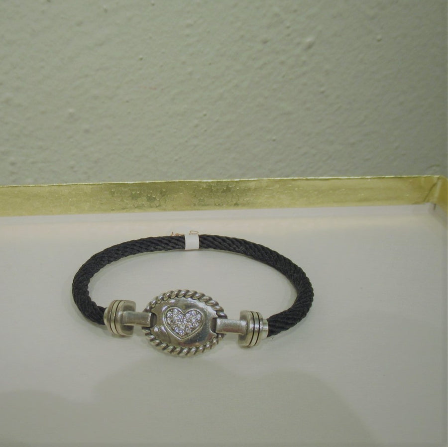 Silver toned Oval Sparkly Black Cord bracelet