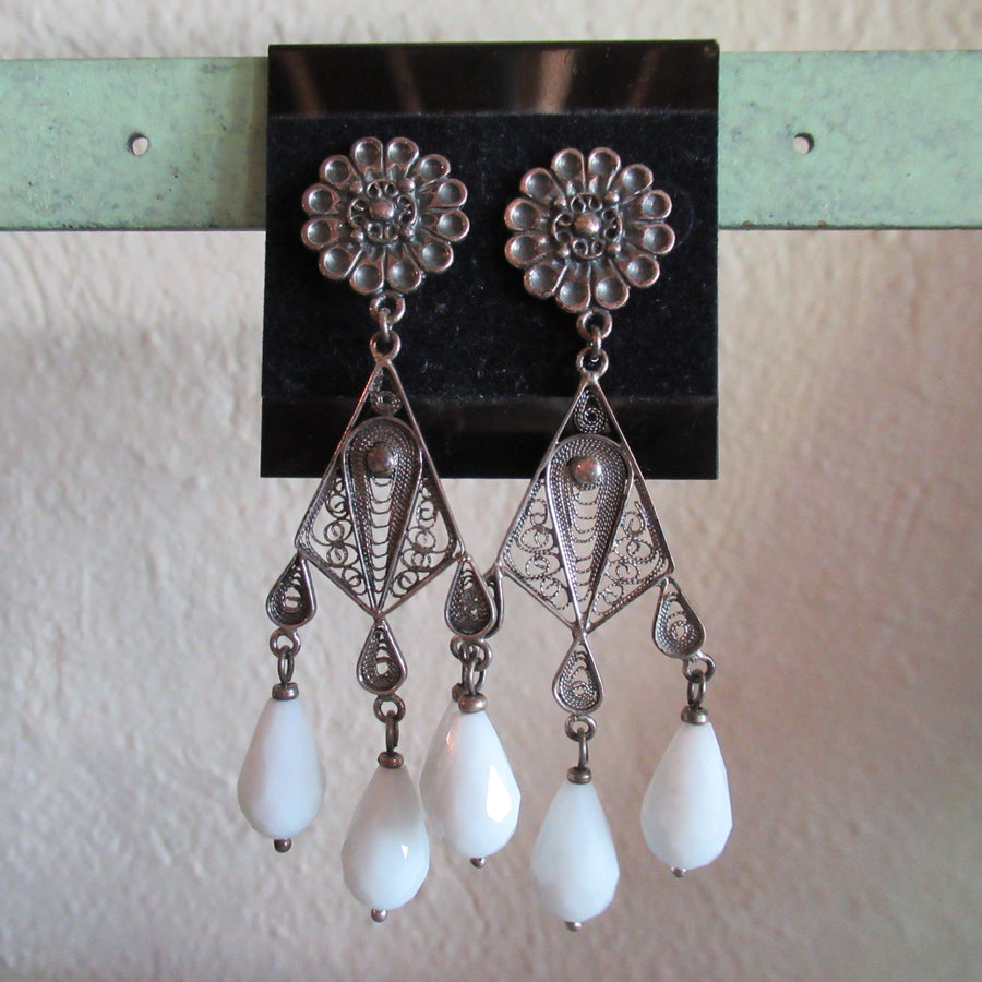 Pewter toned Teardrop 3 Ornate White Long Post dangle earrings