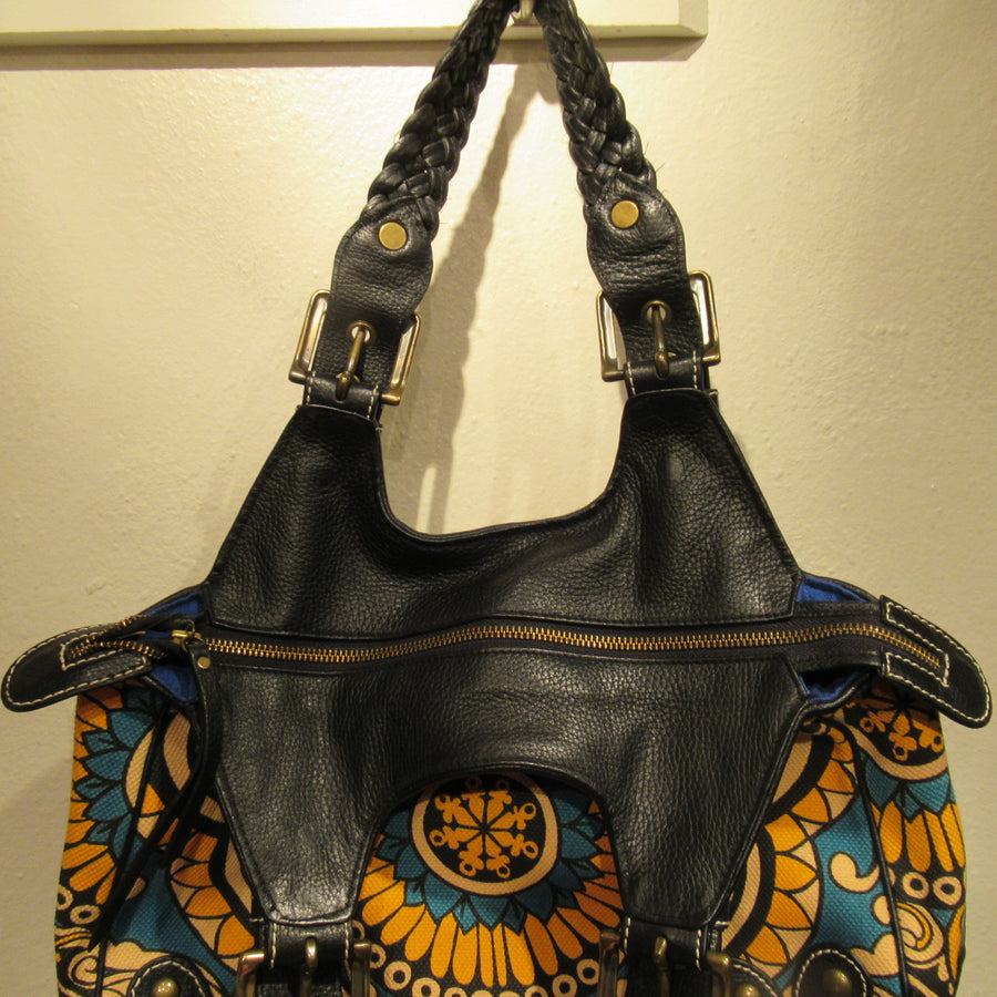 Isabella Fiore Black Leather/Fabric Large Print Studded Shoulder bag