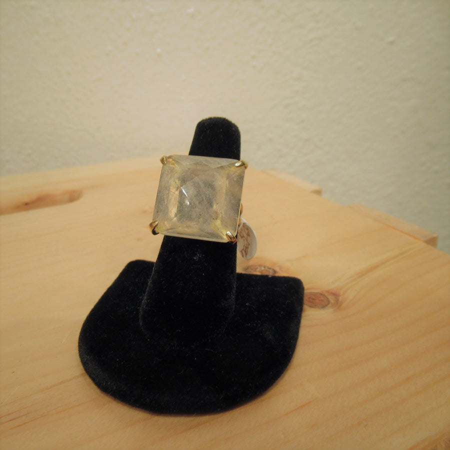 Brushed gold tone Square Rulilated quartz Ring