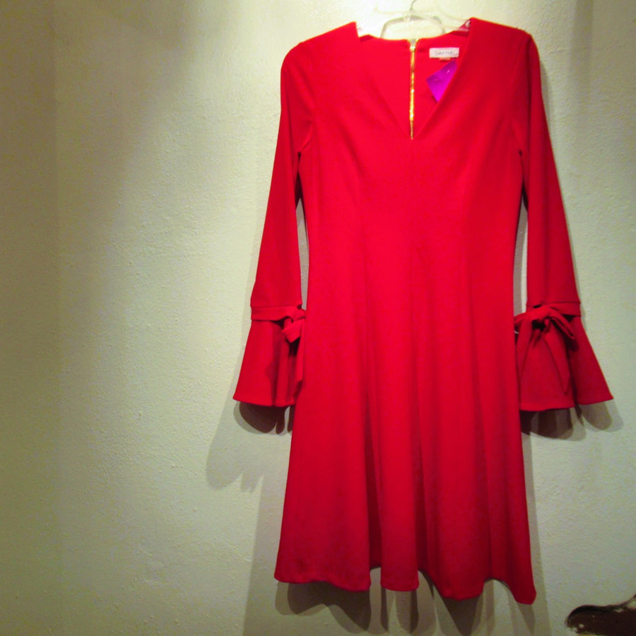 Calvin Klein Red Poly blend Knit L S V neck Dress