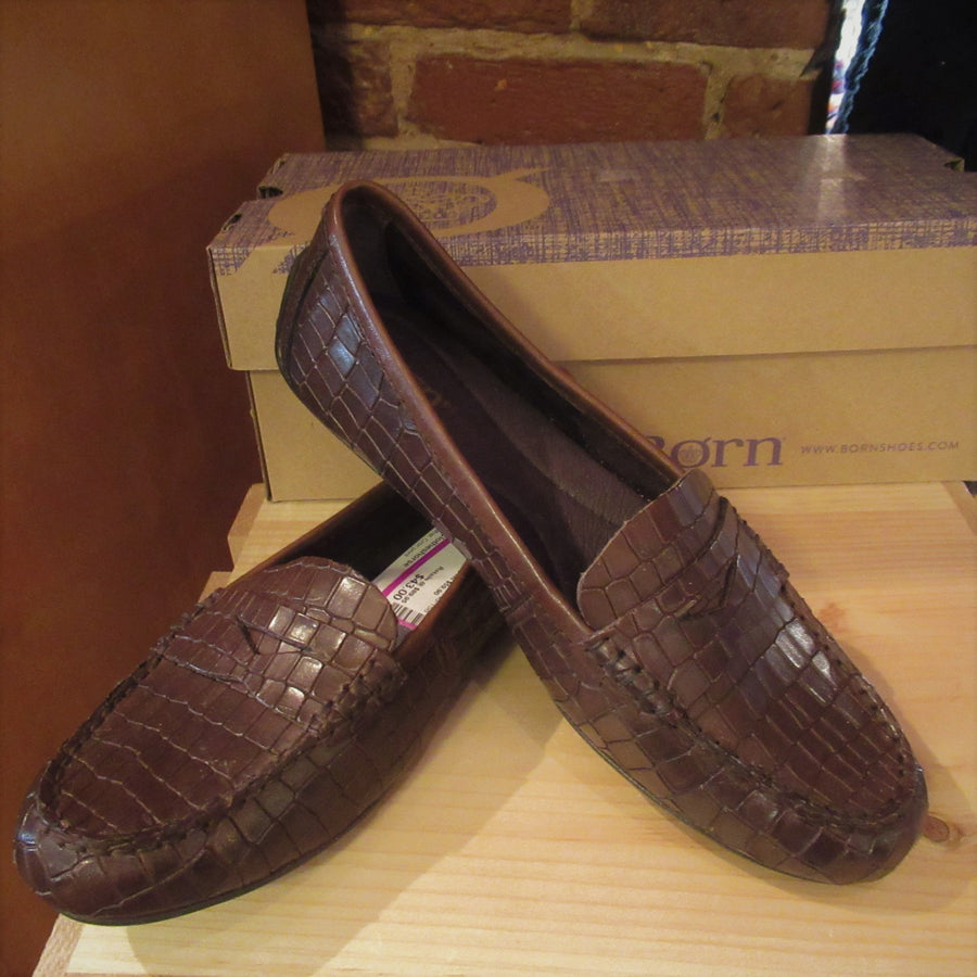 Born Brown Leather Croc print Loafers