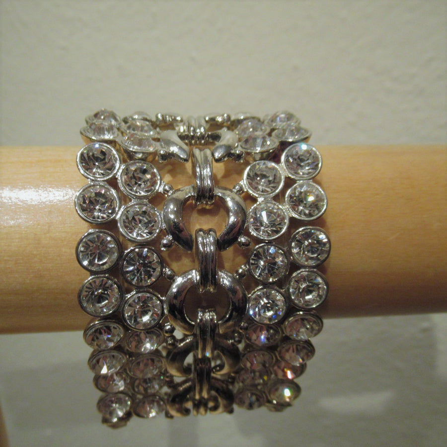 Silver toned Round Crystal Wide Stretch bracelet