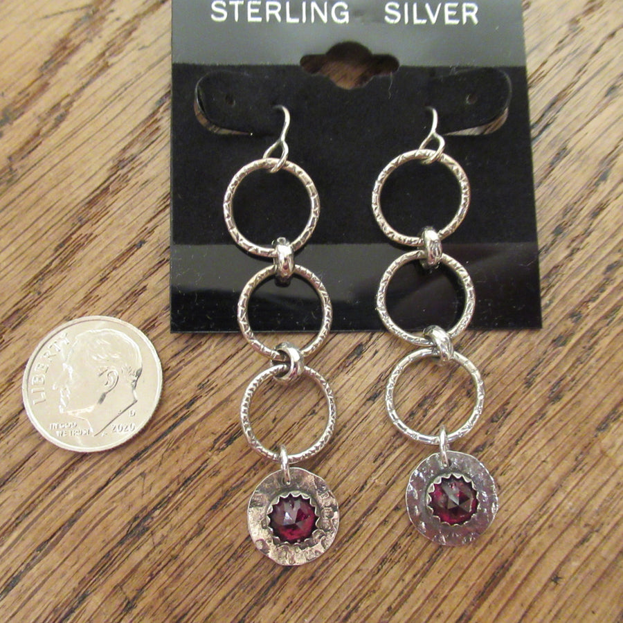 Sterling silver Circle Round Garnet 4 Faceted Wire dangle earrings