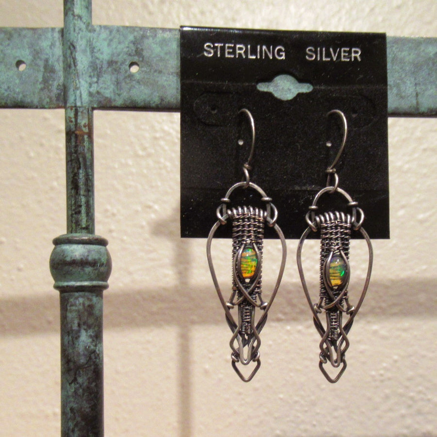 Sterling silver 925 Oval Faux opal Ornate Long Wire dangle earrings