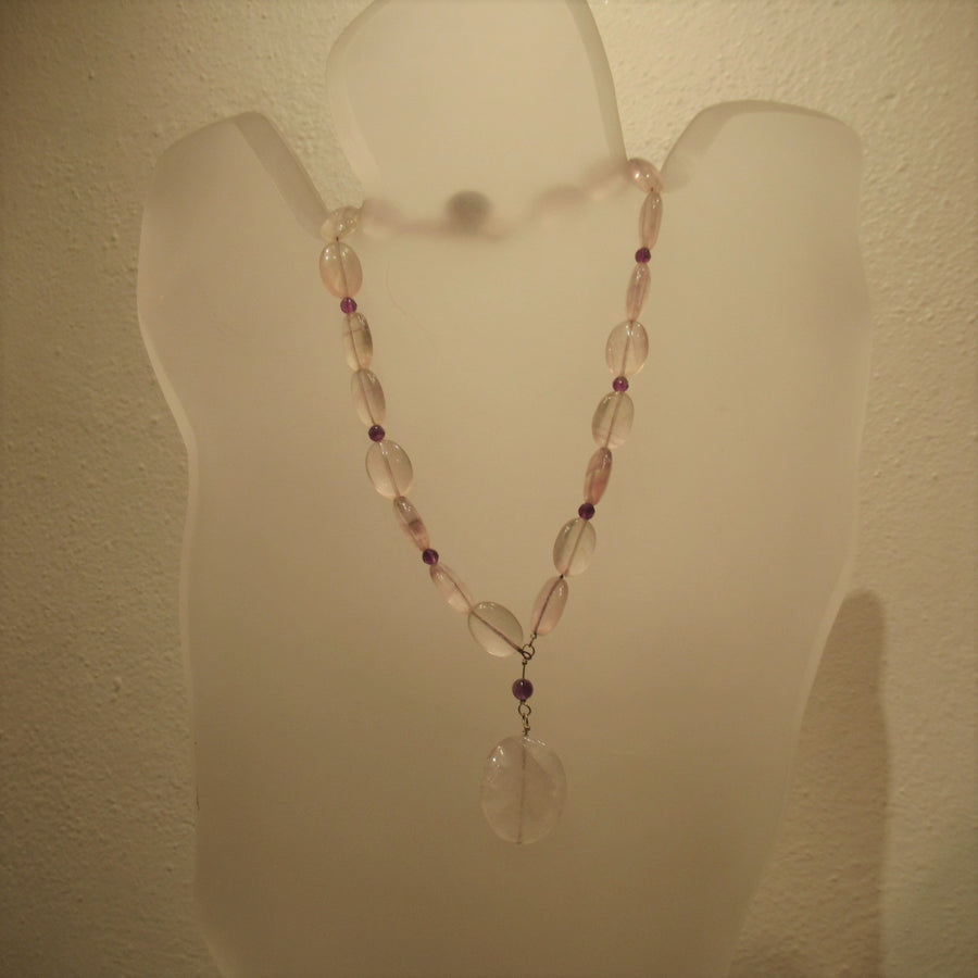 Sterling silver Oval Rose quartz Beaded necklace
