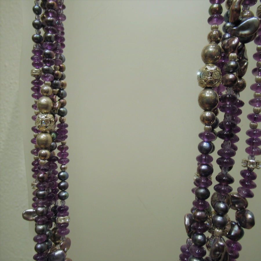 Sterling silver Amethyst 5 strand Long Beaded necklace