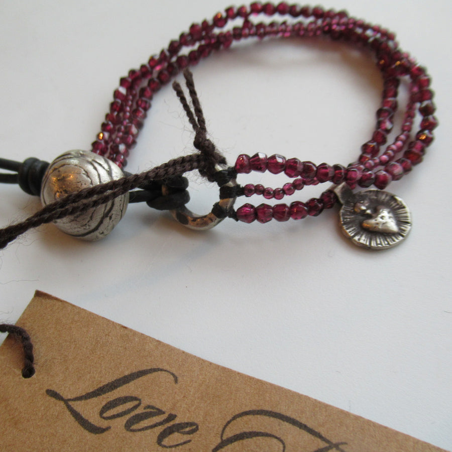 Garnet 3 strand Love Tokens Beaded bracelet