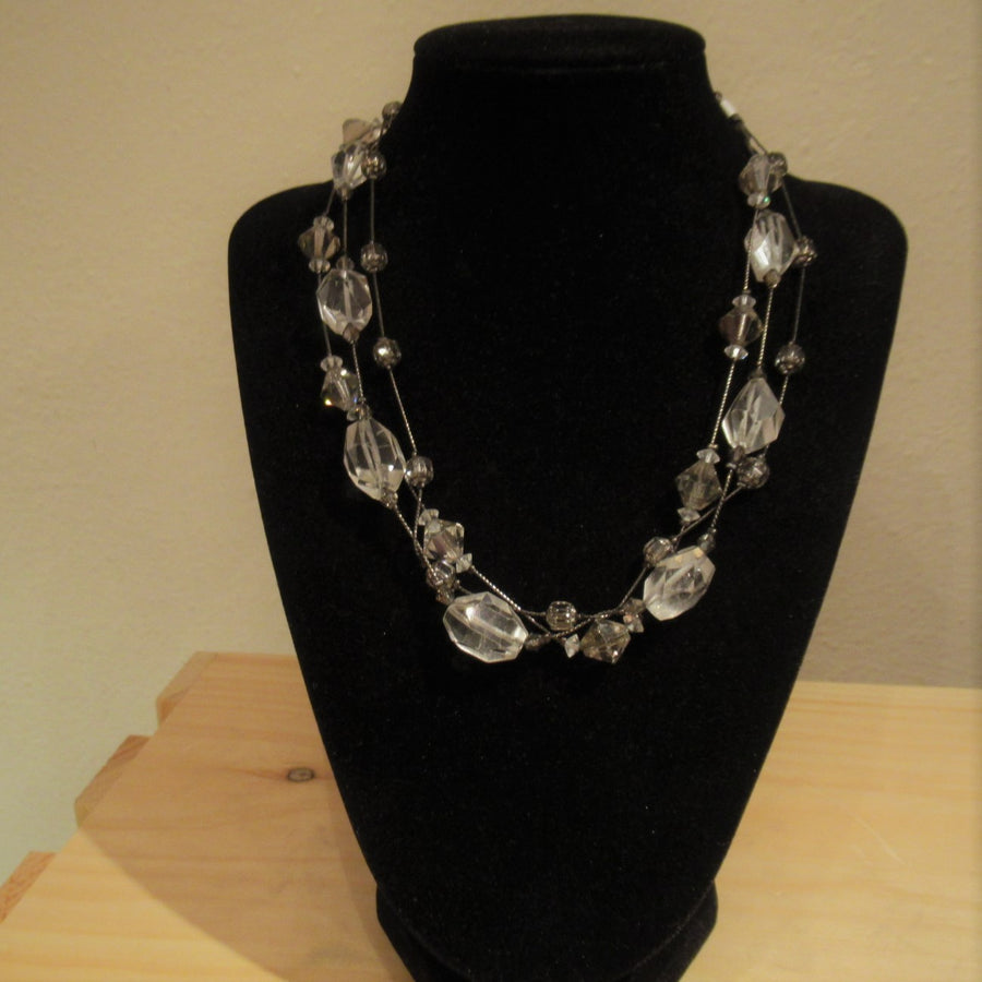 Gunmetal toned Crystal 3 strand Faceted Clear Dabby Reid Beaded necklace