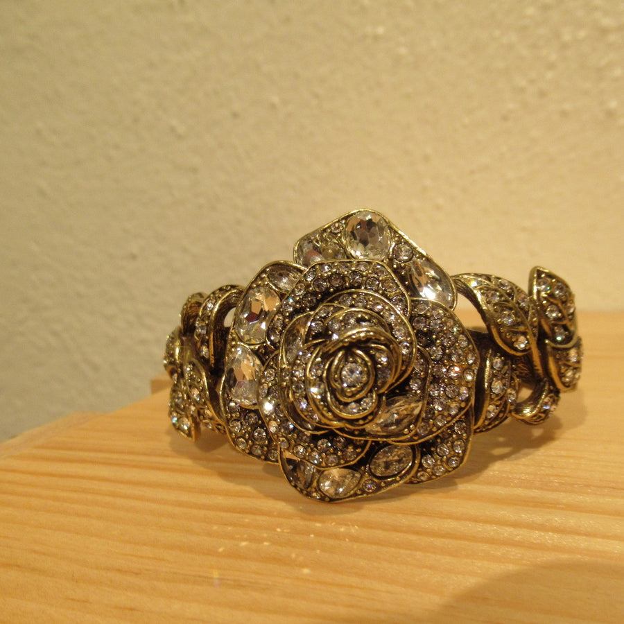 Brass toned Flower Faceted Clear Heidi Daus Cuff bracelet