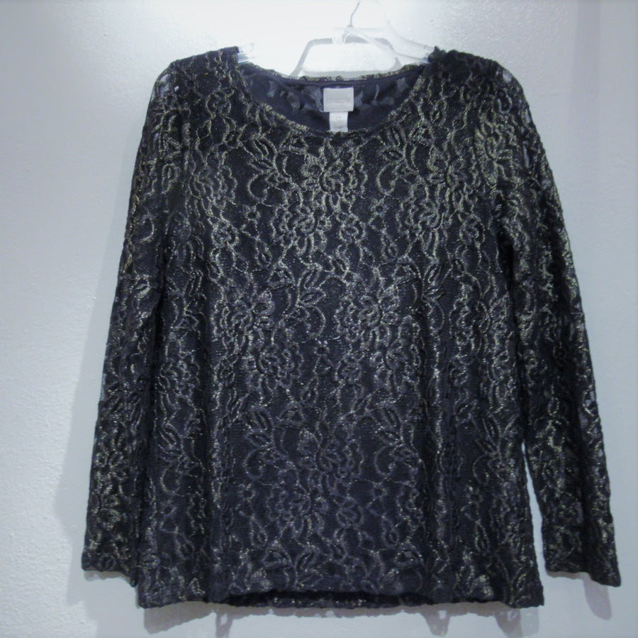 Chico's Black Poly blend Lace Overlay L S Top