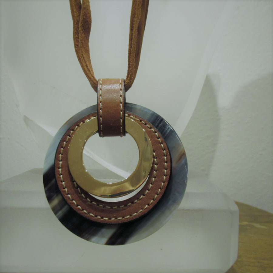 Gold toned Circle Plastic Long Cut out Brown Chico's Cord necklace
