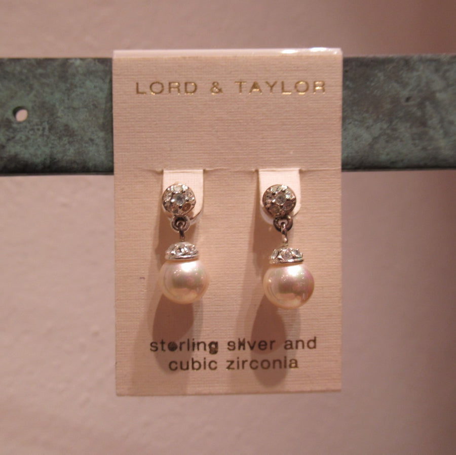 Sterling silver Faux pearl Sparkly Lord & Taylor Post dangle earrings