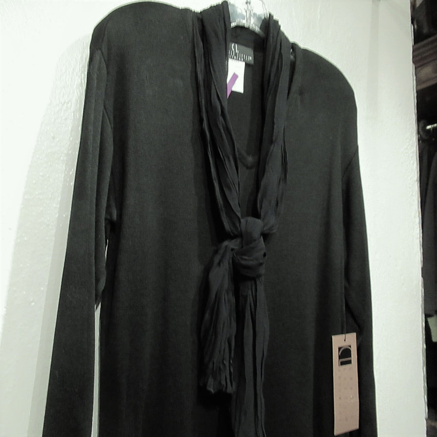 Carole Little Black Rayon Tunic Tie front L S Sweater