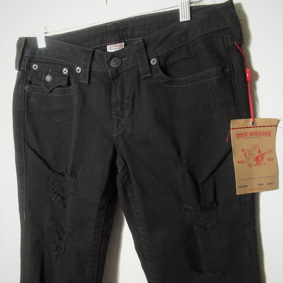 True Religion Black Distressed Cropped Jeans