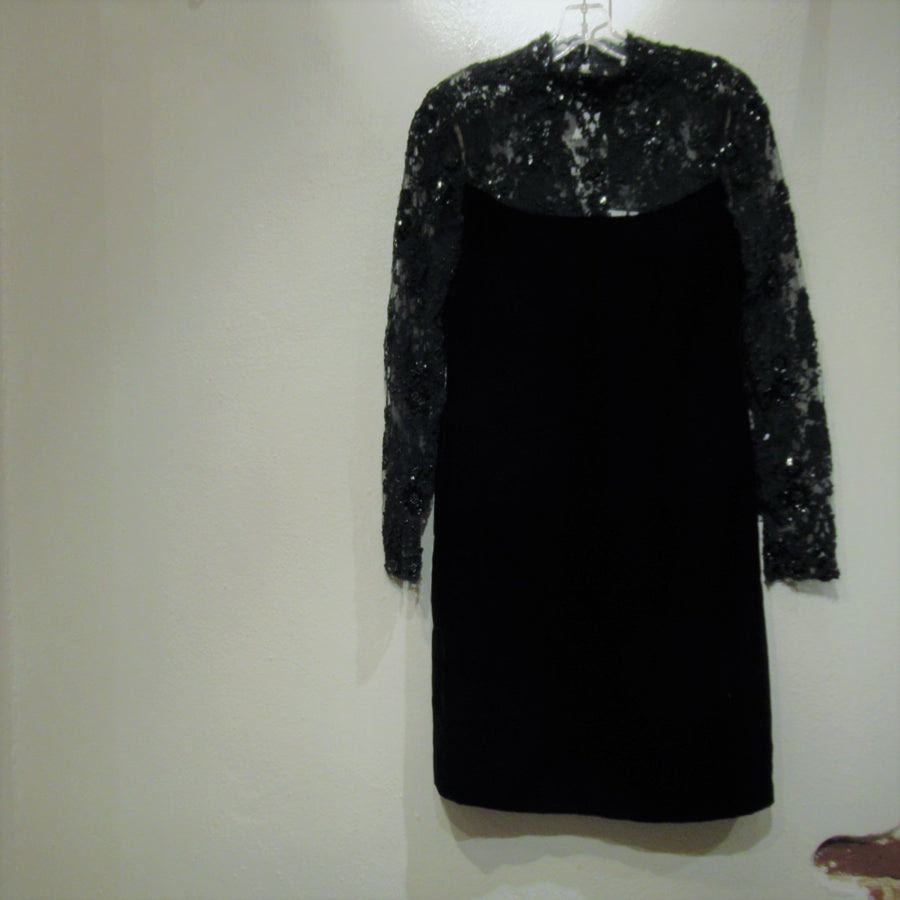 Oscar de la Renta Black Rayon blend Velvet Lace L S Dress
