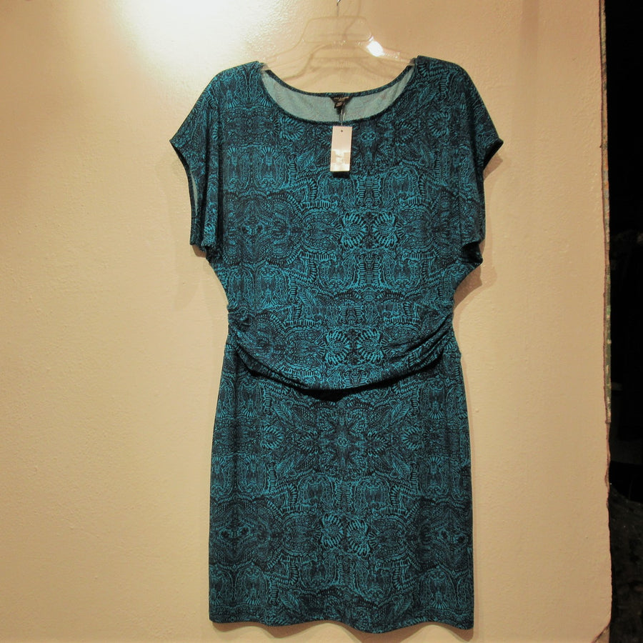 Ann Taylor Turquoise Poly blend Knit Print Cap Dress Clotheshorse Consignment Boutique Ann Taylor Turquoise Poly blend Knit Print Cap Dress Clotheshorse Consignment Boutique