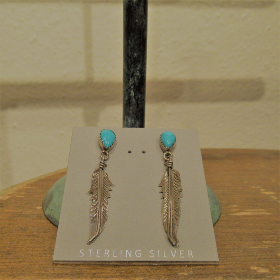 Sterling silver 925 Feather Teardrop Turquoise Post dangle earrings