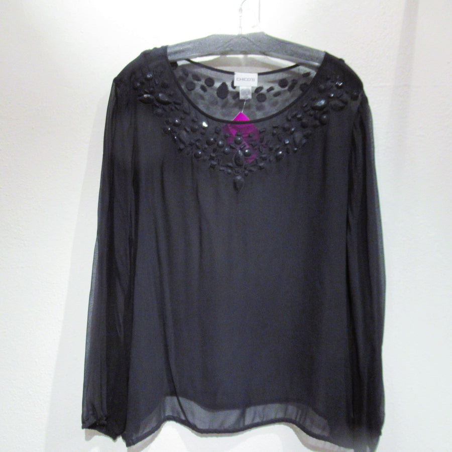 Chico's Black Silk Sheer Bejeweled L S Blouse