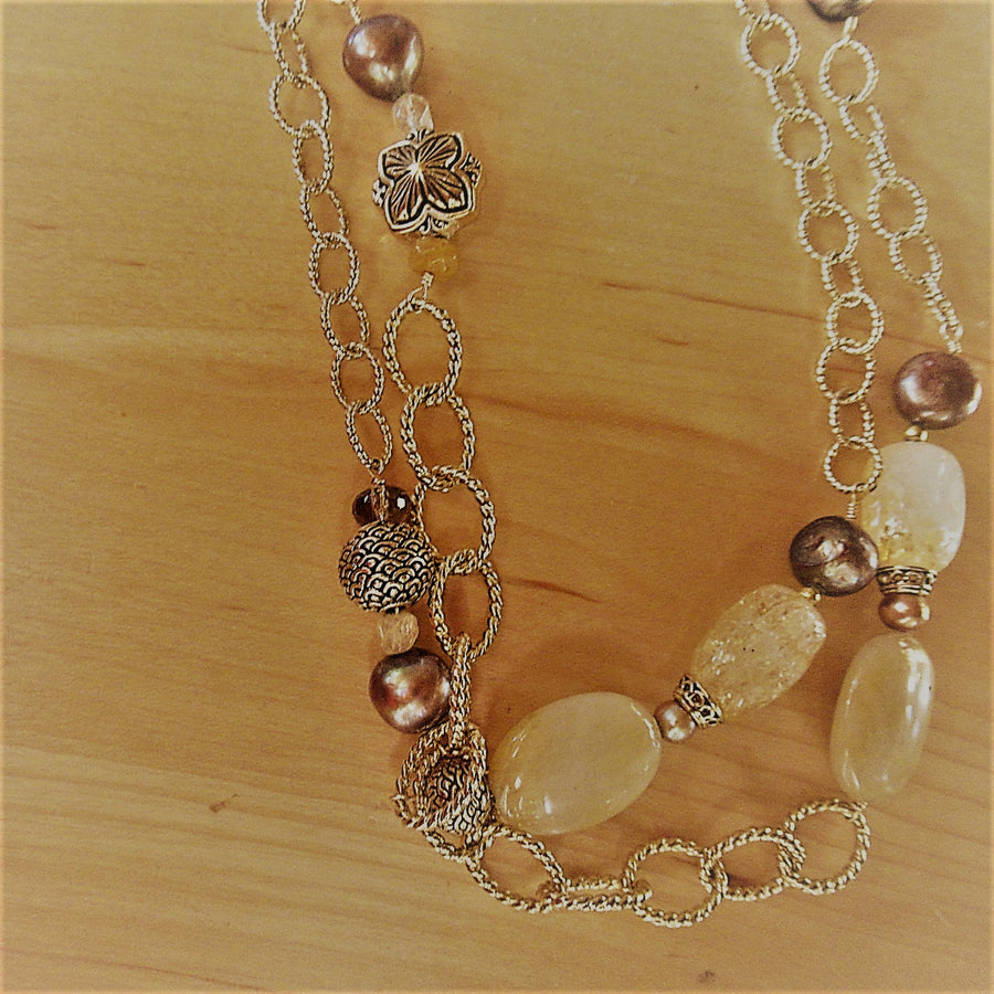 Gold toned Quartz Long Barse Champagne Beaded necklace