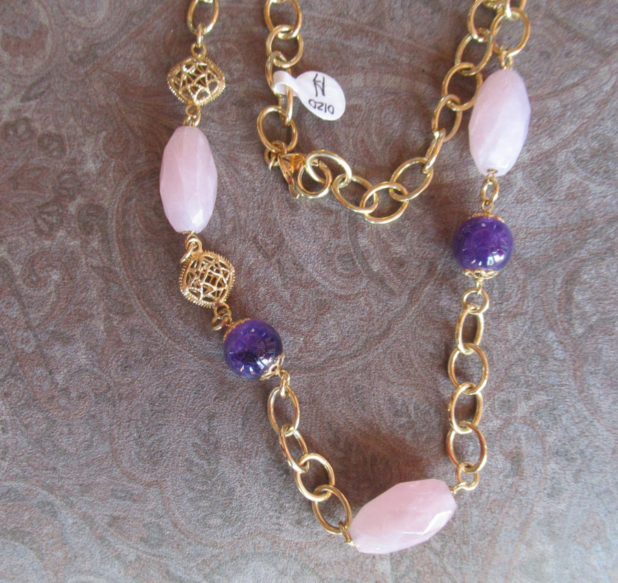 Gold toned Round Amethyst Itaor Long Chain necklace