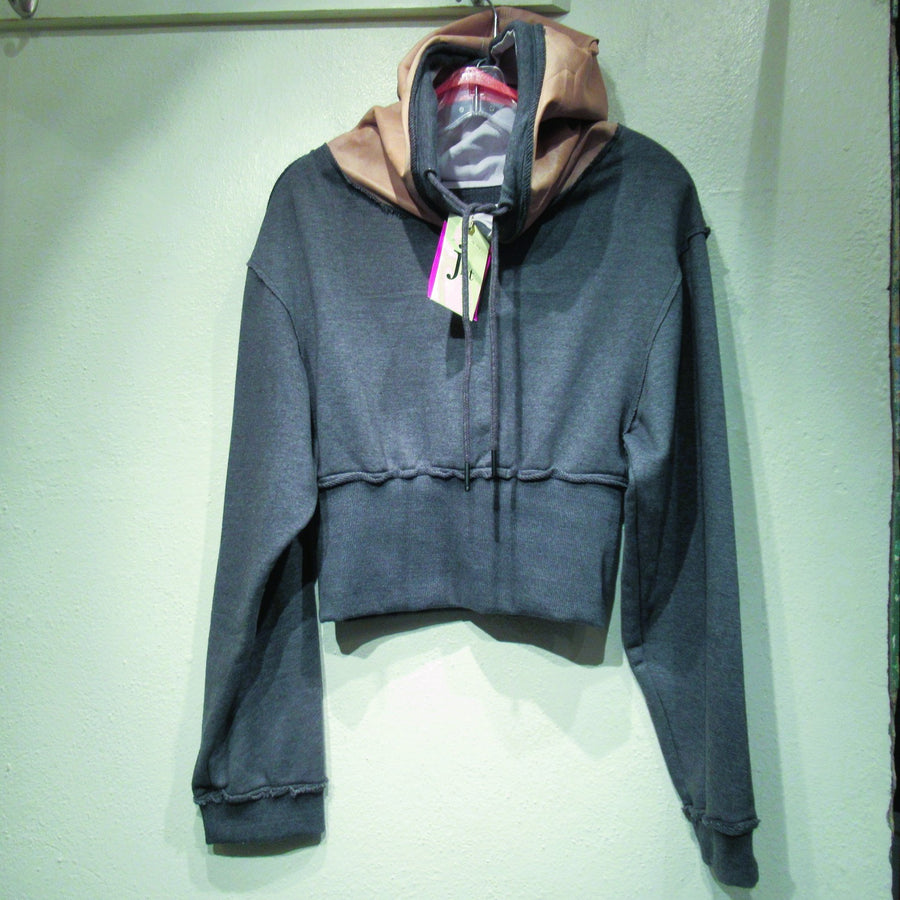 Jkt NYC Gray Cotton blend Cropped Leather L S Hooded Sweatshirt