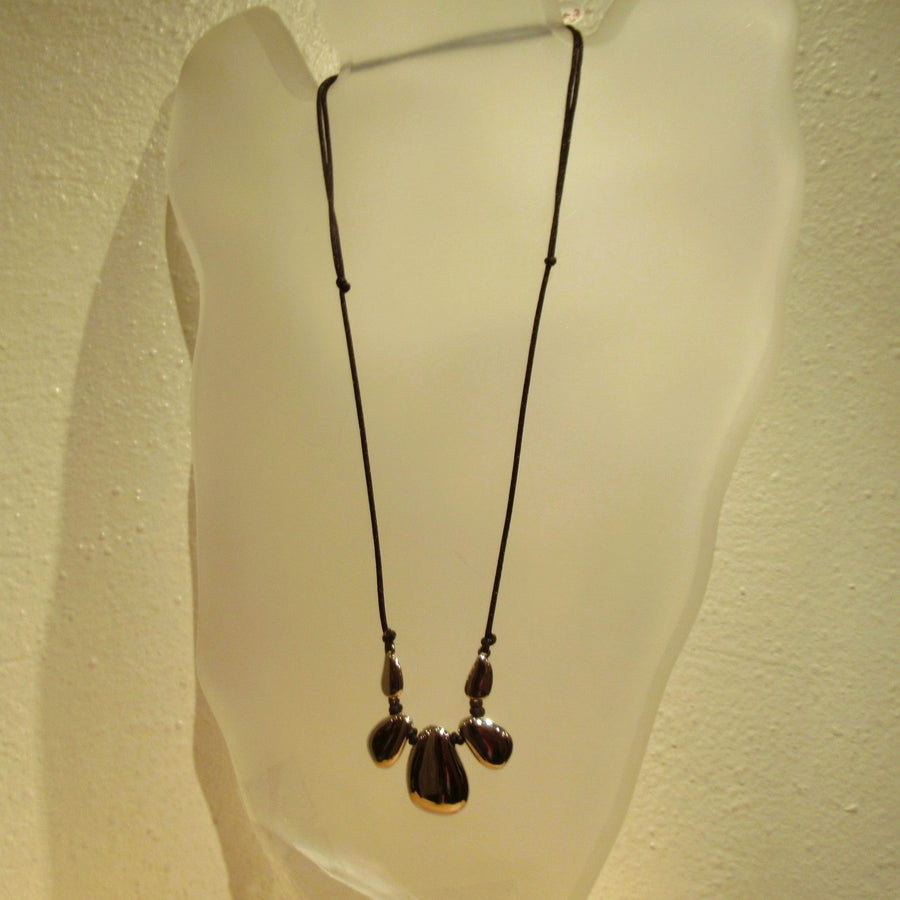 Silver toned Teardrop 5 Black Cord necklace