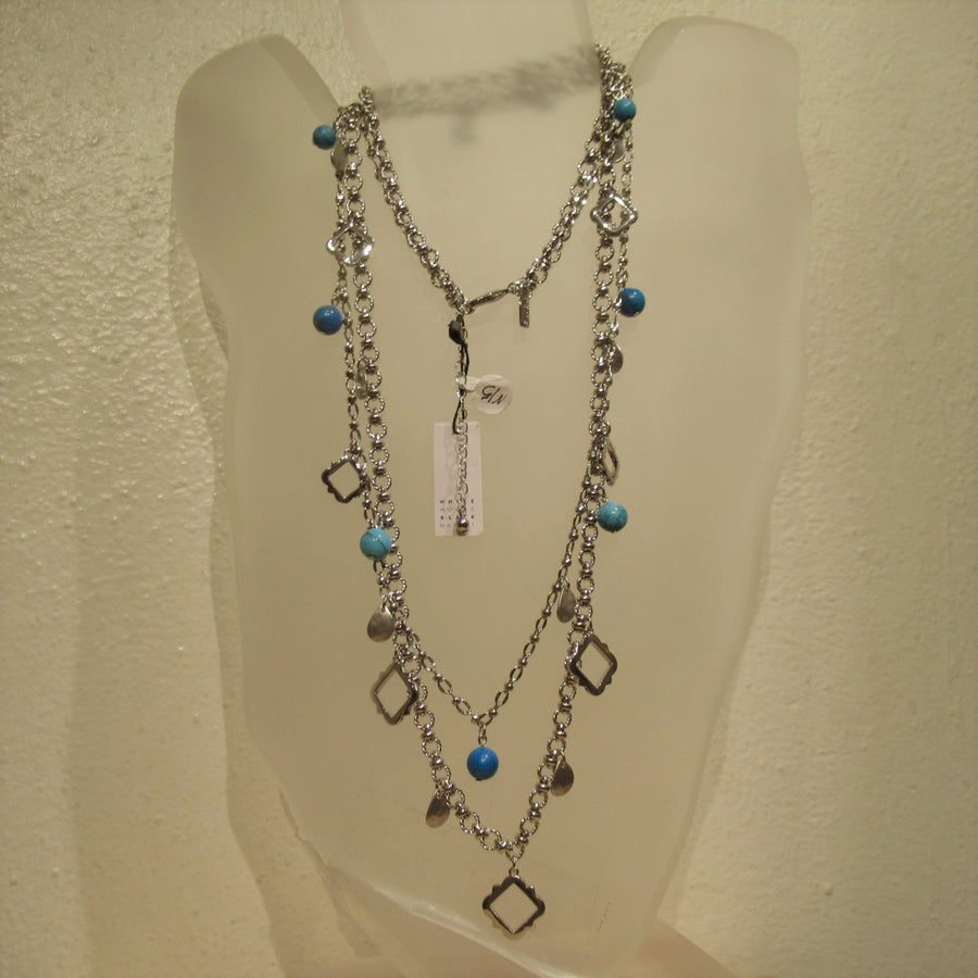Silver toned Very long Cut out Blue White House Black Market Chain necklace