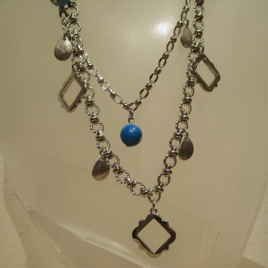 Silver toned Very long Cut out Blue White House Black Market Chain necklace
