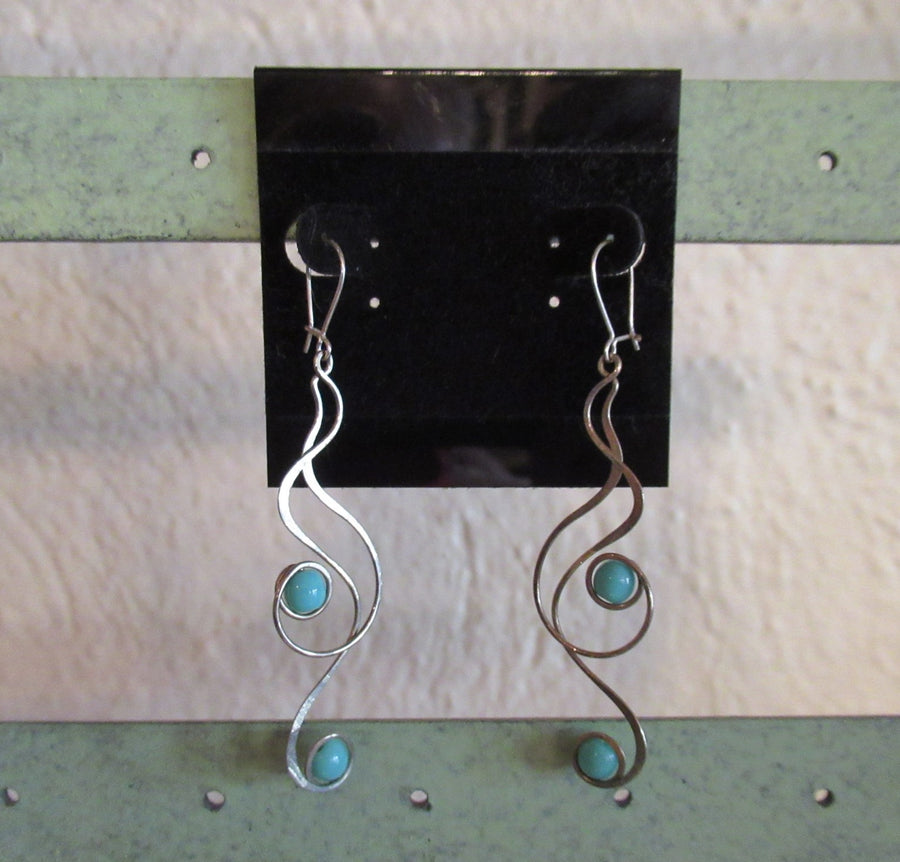 Silver toned Swirl Long Bead Turquoise Wire dangle earrings