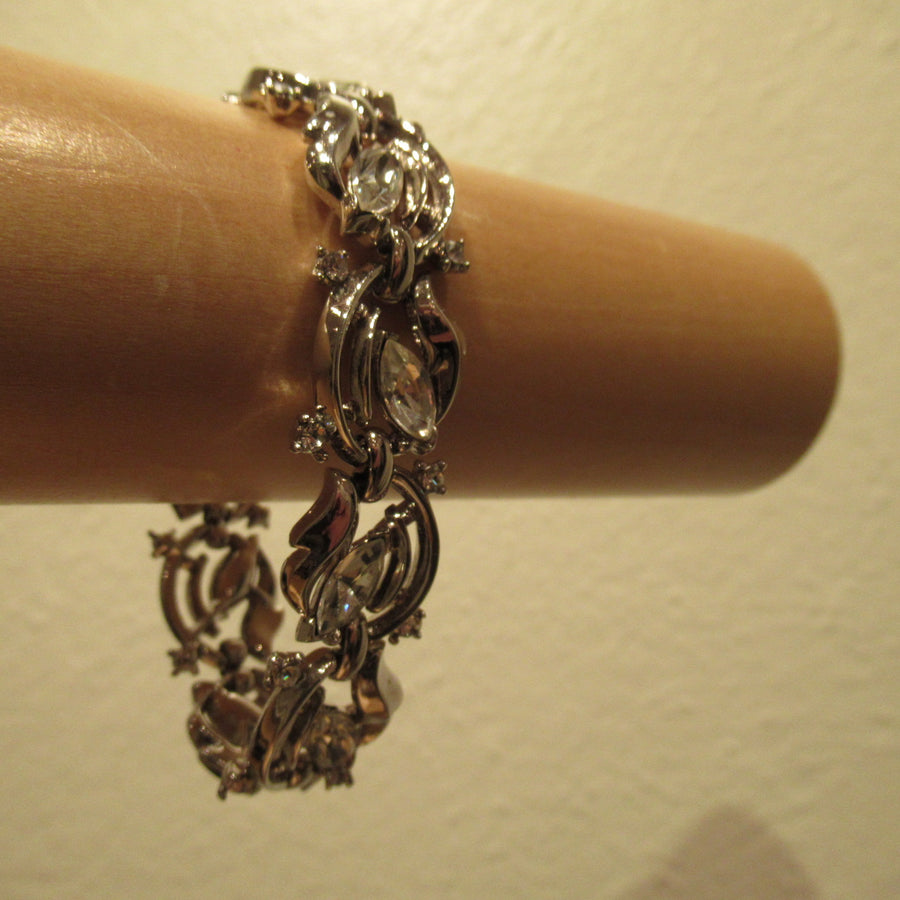 Silver toned Marquise Faceted Clear Trifari Link bracelet