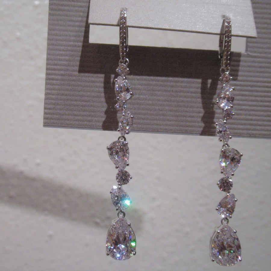 Silver toned Teardrop Cubic Zirconia Long Nadri Wire dangle earrings